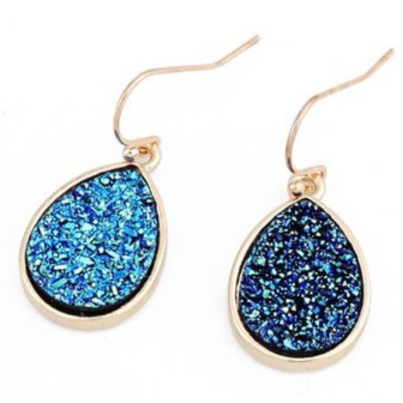 Jewelry - NEW! Sparkling Blue Faux Druzy Gemstone Gold Dangling Earrings - GIFT